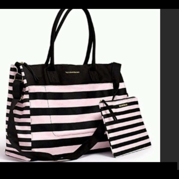 NEW 2 bags Victoria secret striped duffel & pouch - Picture 2 of 5